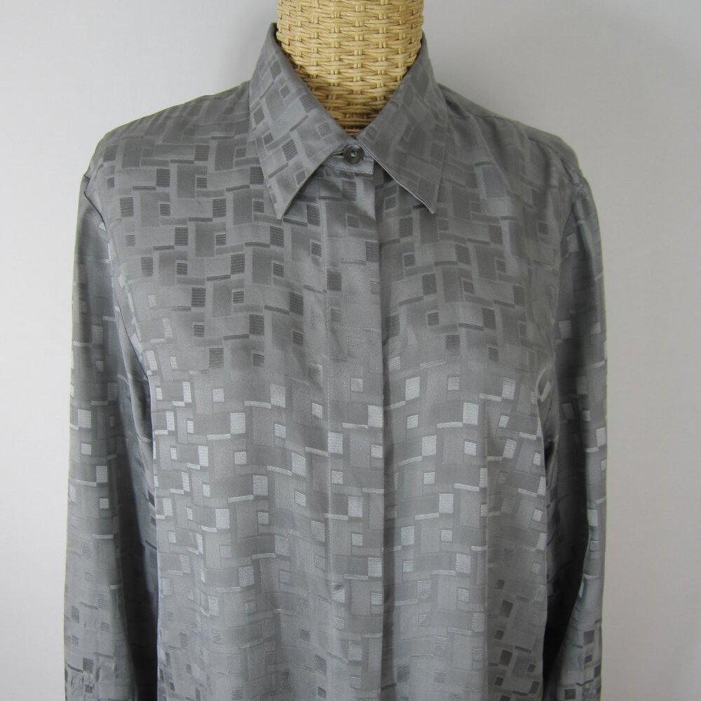 Vtg Aquascutum Women 12 Gray 100% Silk Relaxed Fit Silk Shirt Made  Italy L  42"